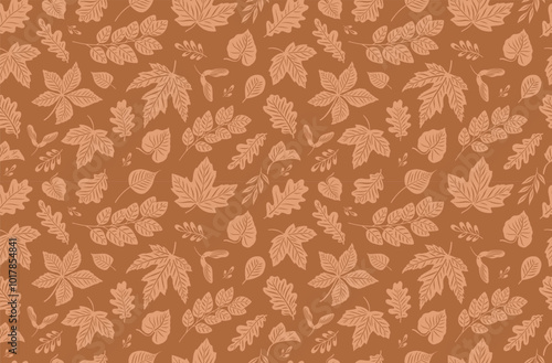 Autumn seamless pattern with berries, maple and oak leaves on white background. Perfect for wallpaper, wrapping paper, fabric, seasonal holidays. Hand drawn vector illustration