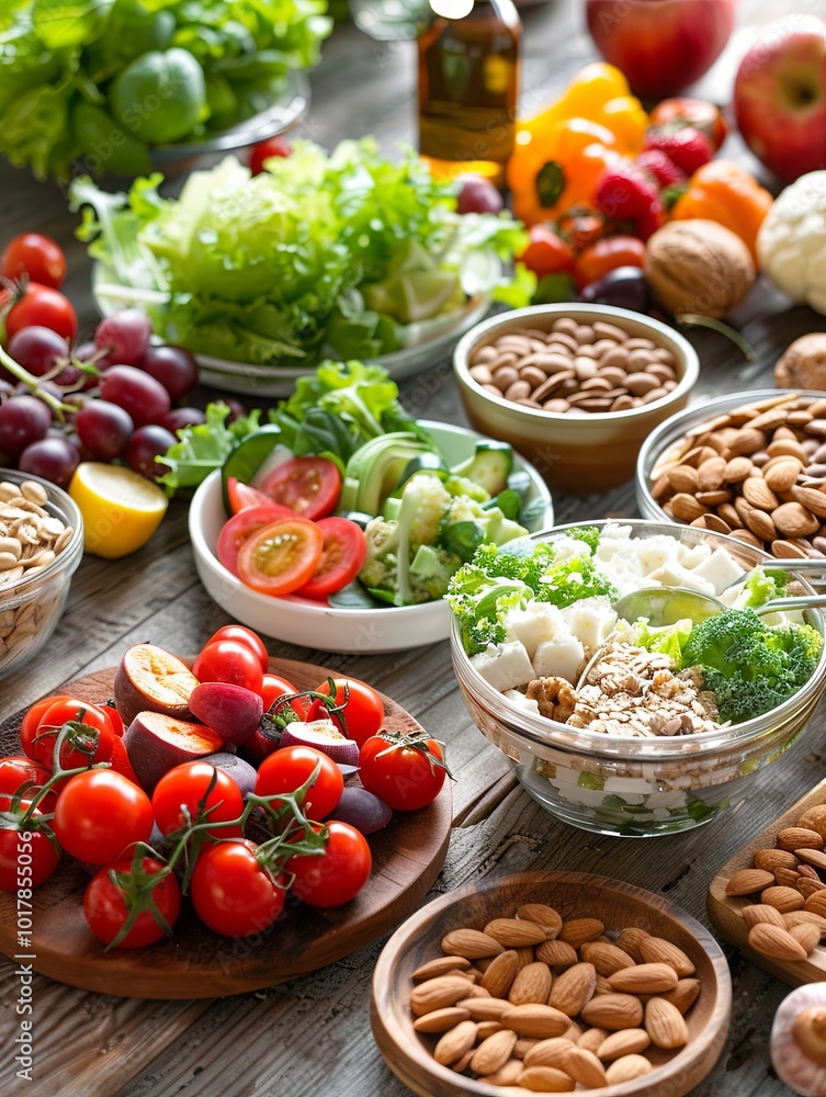 A wooden table showcases an assortment of fresh fruits, vibrant vegetables, nuts, and nourishing meals ideal for healthy dining. Generative AI A wooden table showcases an assortment of fresh fruits, vibrant vegetables, nuts, and nourishing meals ideal for healthy dining. Generative AI