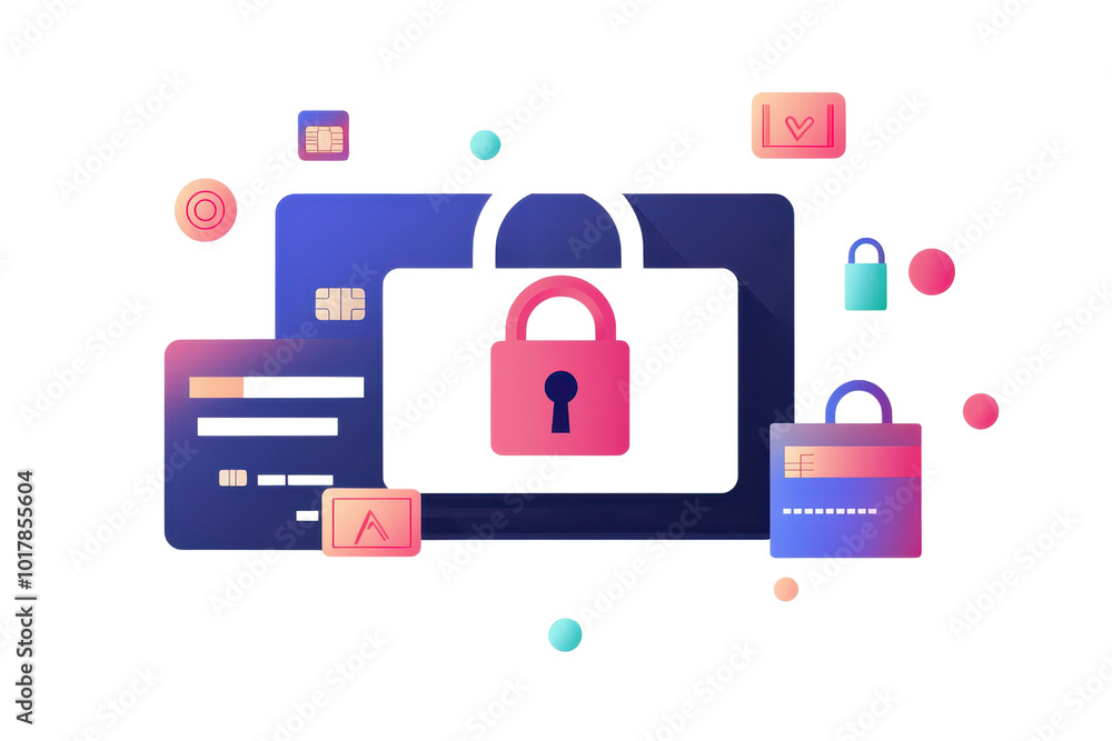 Colorful digital security concept with locks, cards, and networks illustrating cybersecurity and data protection. Colorful digital security concept with locks, cards, and networks illustrating cybersecurity and data protection.