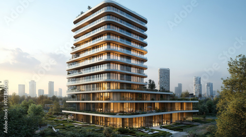 Modern architectural design of a sleek high-rise building in an urban setting during sunset surrounded by greenery