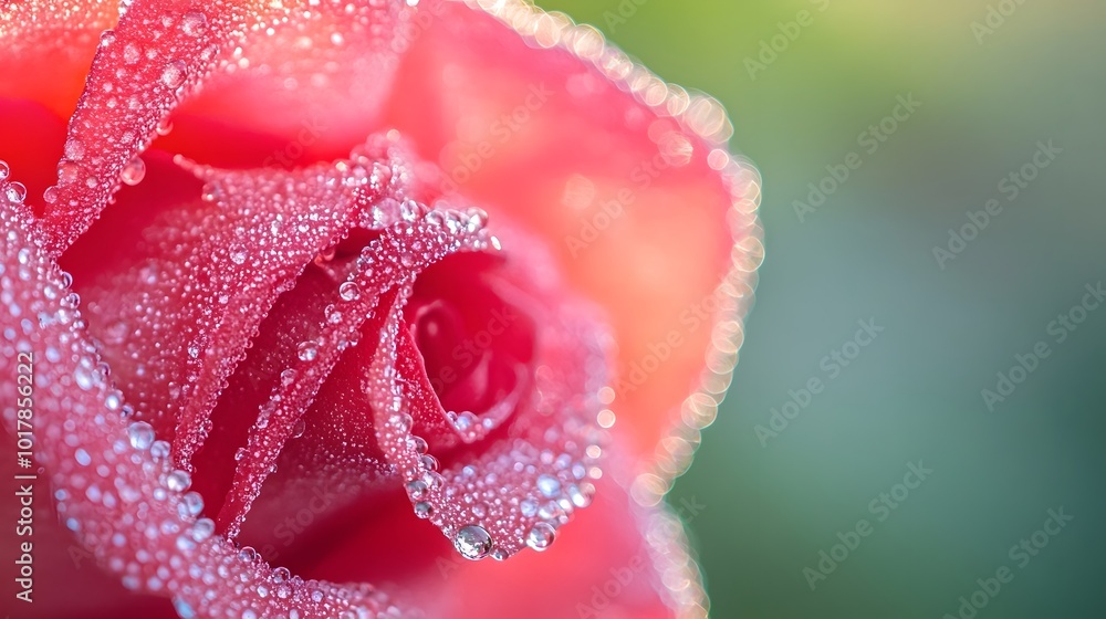 Vibrant Red Rose with Dew Drops in Close-Up View Vibrant Red Rose with Dew Drops in Close-Up View