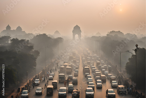 Delhi air pollution, India Gate smog, Urban traffic in Delhi, Smoggy morning at India Gate, Air pollution in New Delhi, Traffic congestion and pollution, Hazy skyline of Delhi Stock Photo.