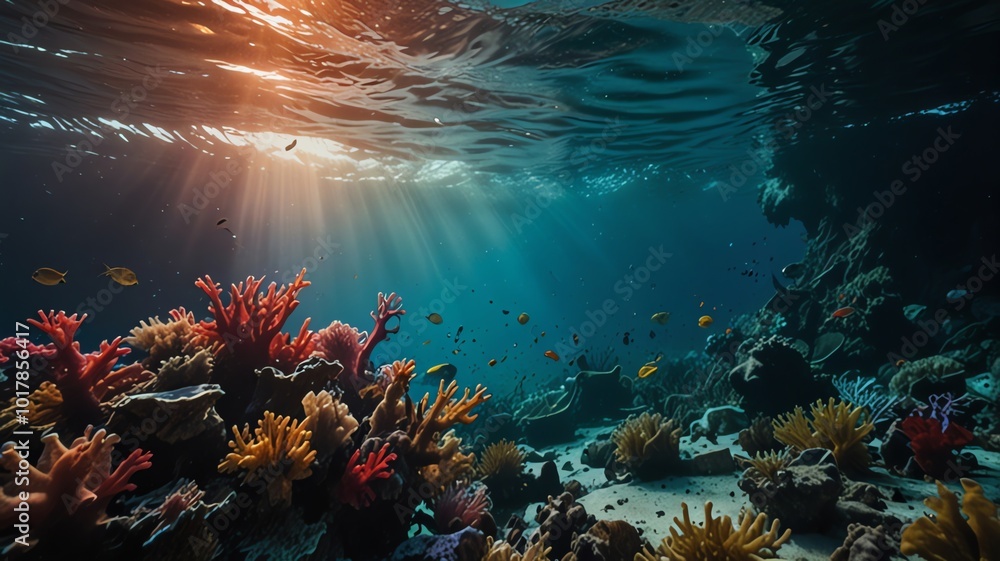 Obraz premium a coral reef with a sunburst of light and a school of fish.