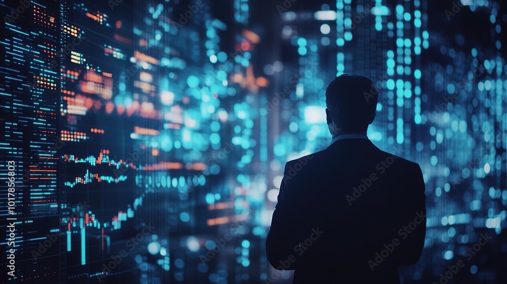 Businessman Observing Digital Data Analytics in City Businessman Observing Digital Data Analytics in City