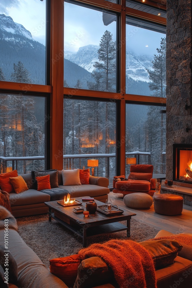 A serene evening by the fireplace in a cozy modern mountain mansion A serene evening by the fireplace in a cozy modern mountain mansion