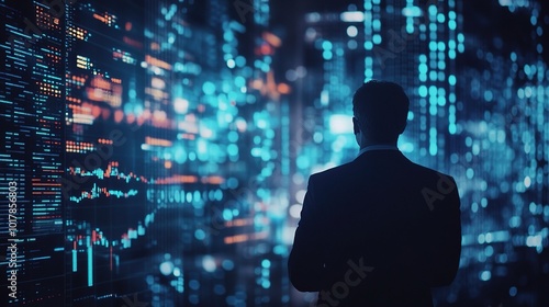 Businessman Observing Digital Data Analytics in City