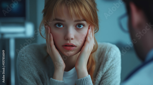 A young woman in emotional distress holds her face in her hands during a consultation with a doctor. Mental health challenges, medical support, and emotional strain in a clinical setting.