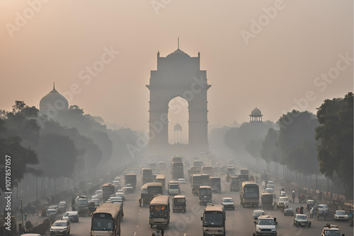 Delhi air pollution, India Gate smog, Urban traffic in Delhi, Smoggy morning at India Gate, Air pollution in New Delhi, Traffic congestion and pollution, Hazy skyline of Delhi Stock Photo.