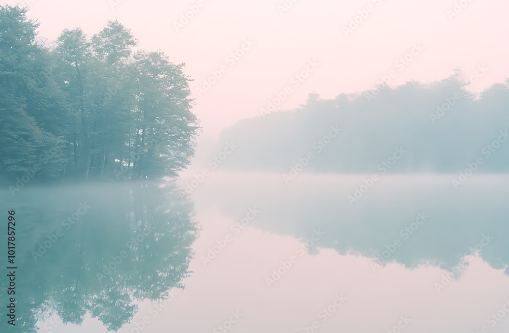 A serene lake surrounded by misty trees A serene lake surrounded by misty trees