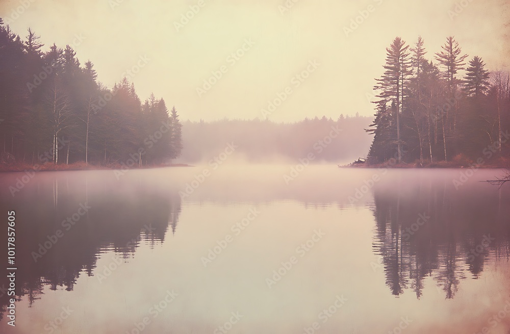 Fototapeta premium A serene lake surrounded by misty trees