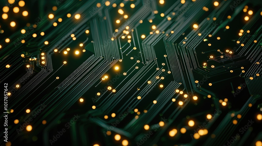 Abstract circuit board pattern with glowing lights on a dark background. Abstract circuit board pattern with glowing lights on a dark background.