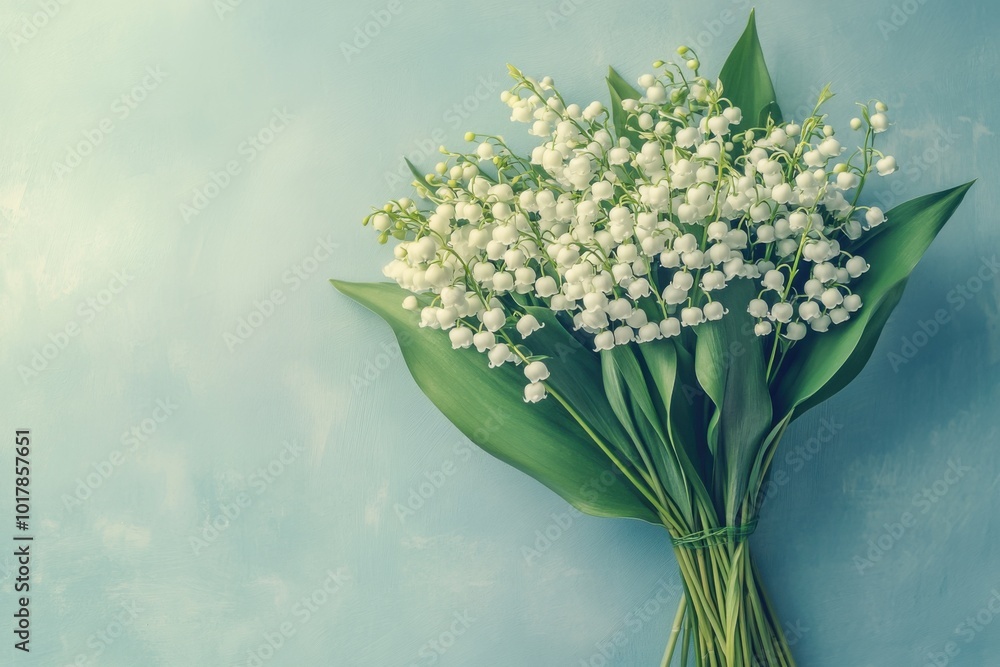 A beautifully arranged bouquet of fresh lily of the valley flowers on a soft blue background A beautifully arranged bouquet of fresh lily of the valley flowers on a soft blue background
