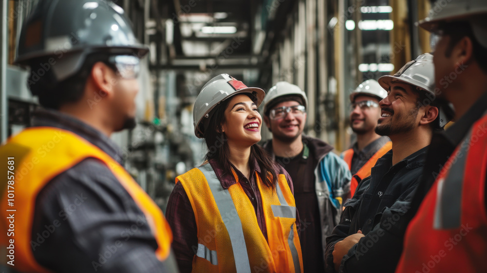 Workers in safety gear enjoying a moment of camaraderie in an industrial facility during daytime Workers in safety gear enjoying a moment of camaraderie in an industrial facility during daytime