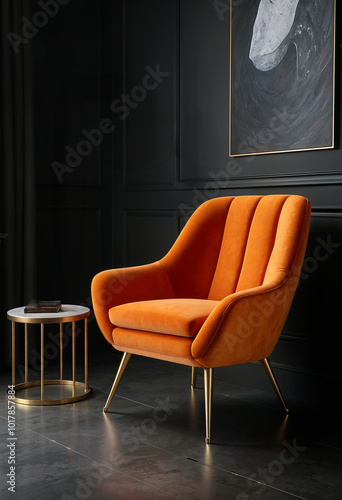 modern comfortable orange velvet armchair in a room with black walls photo