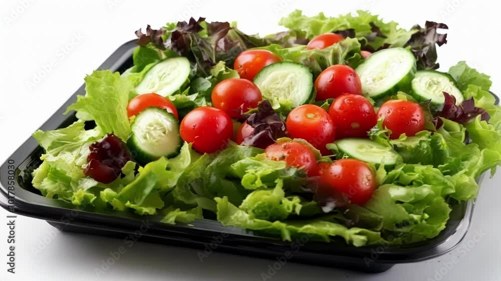 Fresh and colorful salad with lettuce, cucumber and cherry tomatoes, presented on a black plate over a white background Fresh and colorful salad with lettuce, cucumber and cherry tomatoes, presented on a black plate over a white background