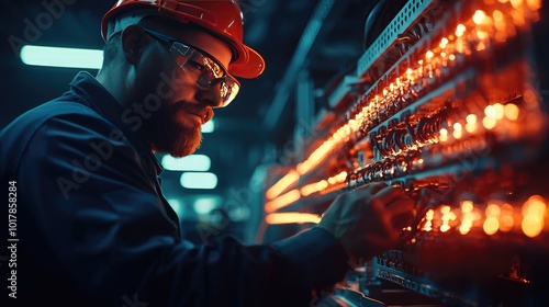 Electrician working on control panel with glowing lights in industrial setting.