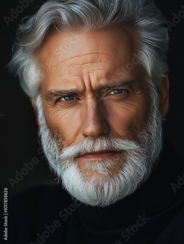 A captivating elderly man with silver hair exudes confidence and wisdom in a serene setting