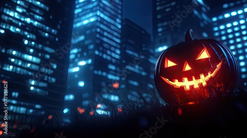 Halloween pumpkin with glowing face against a city skyline at night. photo