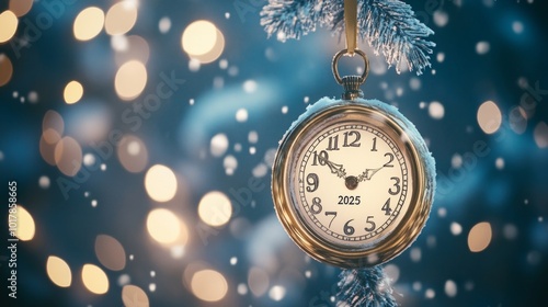 Antique pocket watch hanging above shimmering holiday lights as the countdown to the new year begins in 2025. With copy space for text. photo