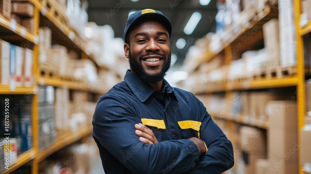 Dedicated warehouse worker smiling proudly amidst neatly stacked boxes in a bustling storage facility during daylight hours Dedicated warehouse worker smiling proudly amidst neatly stacked boxes in a bustling storage facility during daylight hours