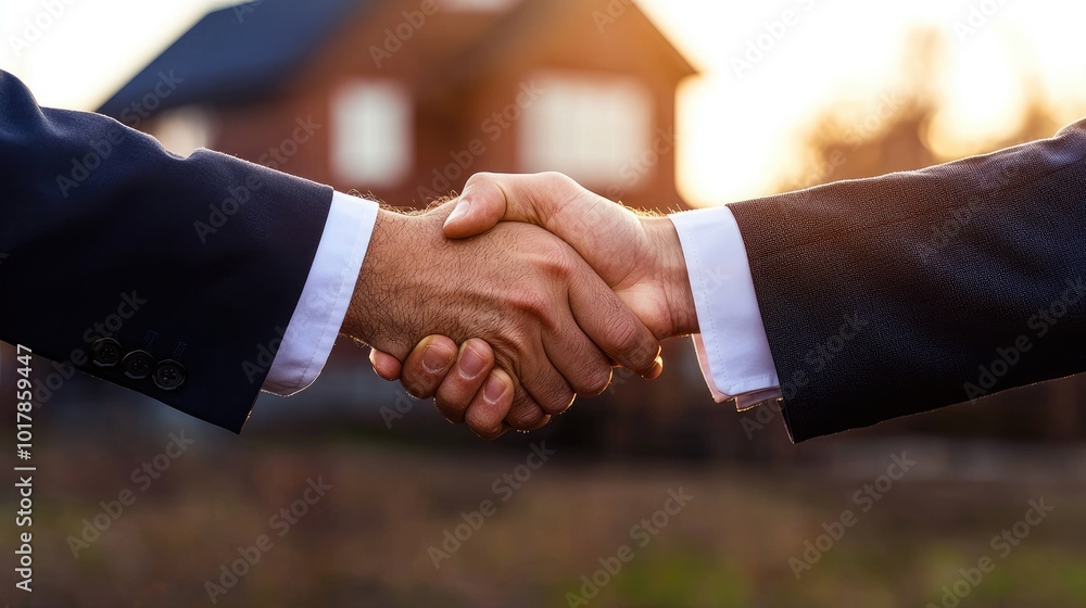 Two businessmen shaking hands outdoors in a professional setting. Two businessmen shaking hands outdoors in a professional setting.