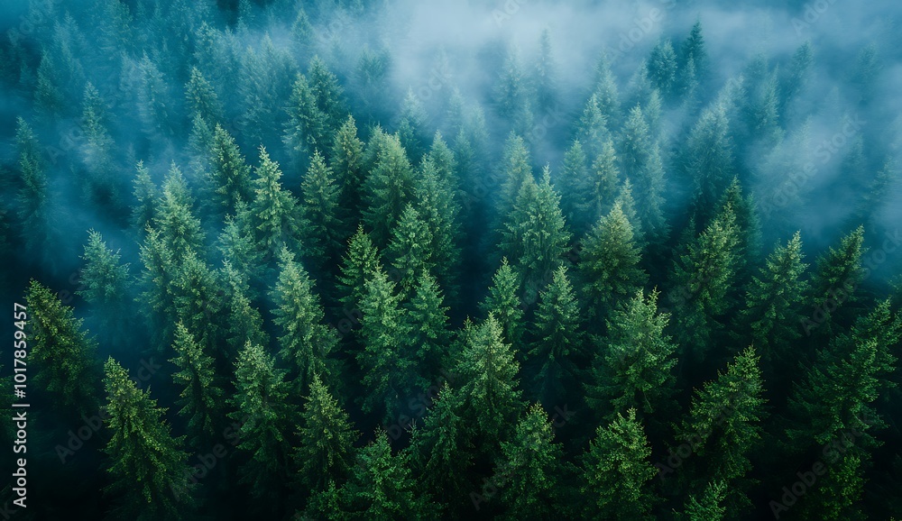 Aerial view of a foggy forest, forest landscape, green trees Aerial view of a foggy forest, forest landscape, green trees