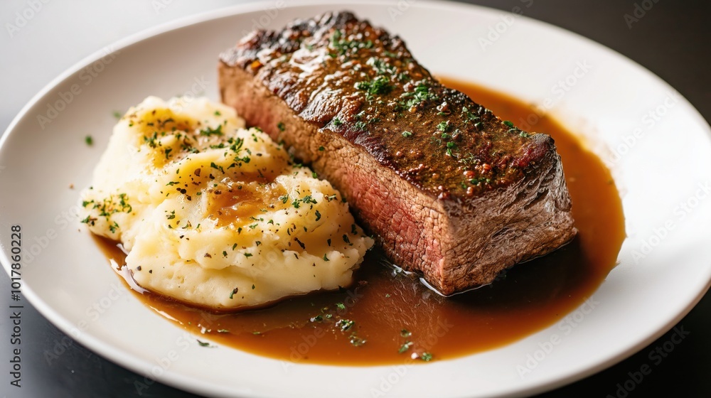 Plate of grilled steak with mashed potatoes topped with gravy, garnished with chopped herbs, displayed on a white plate with a dark background Plate of grilled steak with mashed potatoes topped with gravy, garnished with chopped herbs, displayed on a white plate with a dark background