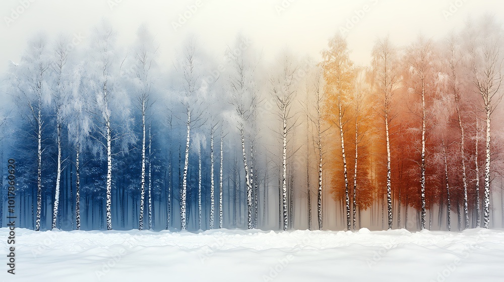 Fototapeta premium A misty winter forest with a row of birch trees.