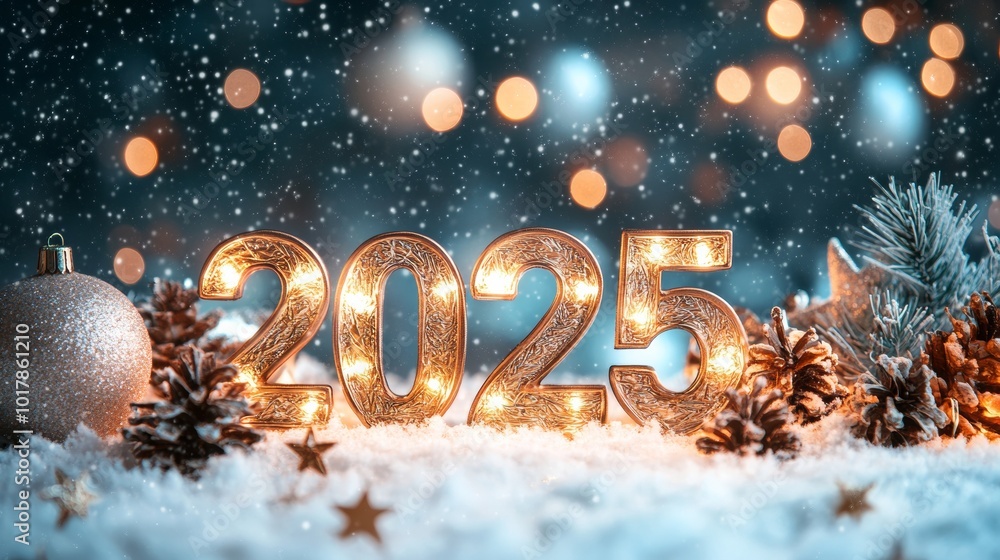Festive winter celebration with glowing 2025 numbers, Christmas tree decorations, and sparkling snow in a cozy outdoor setting Festive winter celebration with glowing 2025 numbers, Christmas tree decorations, and sparkling snow in a cozy outdoor setting