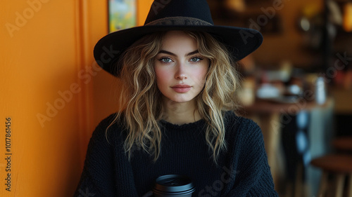 A woman in a witch costume holds a cup of coffee.