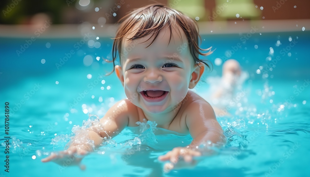Portrait of a smiling cute baby swimming in the swimming pool in summer day Portrait of a smiling cute baby swimming in the swimming pool in summer day