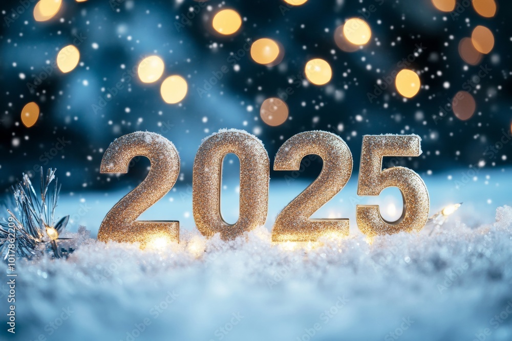 Glittering 2025 year numbers shimmer against a snowy background with festive bokeh lights in the winter evening Glittering 2025 year numbers shimmer against a snowy background with festive bokeh lights in the winter evening
