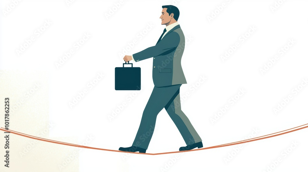 A businessman balancing on a tightrope holding a briefcase, risk and balance concept, vector illustration, muted color palette, isolated on white background., minimalist, A businessman balancing on a tightrope holding a briefcase, risk and balance concept, vector illustration, muted color palette, isolated on white background., minimalist,