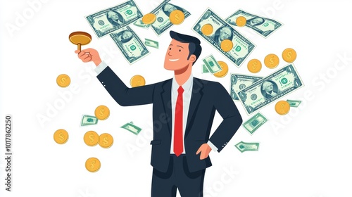 A businessman holding a magnet attracting coins and banknotes, success concept, vector illustration, bold colors, isolated on white background., minimalist,