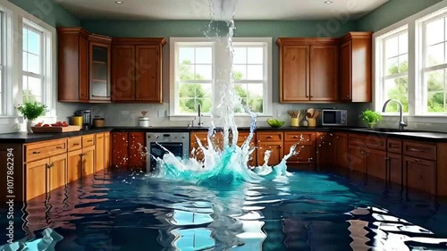 A kitchen flooded with water, with a water leak coming from the ceiling. The water has flooded the room, reaching the cabinets and appliances.