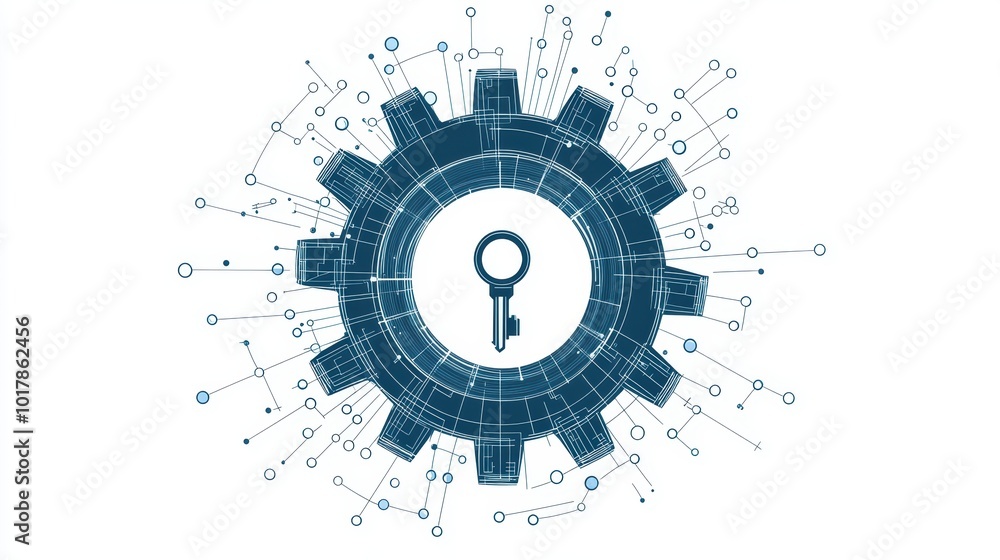 A gear with a keyhole in the center and digital lines, unlocking business potential, vector illustration, futuristic look, isolated on white background., minimalist, A gear with a keyhole in the center and digital lines, unlocking business potential, vector illustration, futuristic look, isolated on white background., minimalist,
