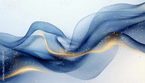 abstract design featuring flowing, wave-like patterns in deep blue hues, accented with golden streaks and dots. The waves have a translucent, ethereal quality, resembling layers of smoke or water curr photo