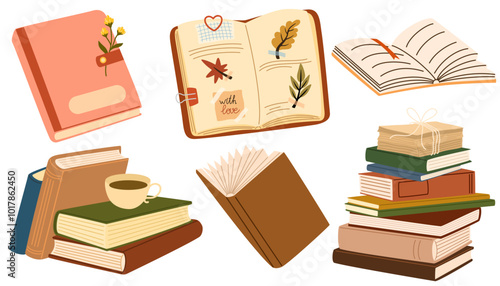 Pile of books, cup of tea cartoon set. Opened and closed books for reading, herbarium. Education, knowledge, study concept. Cozy autumnal reading. Flat vector illustration isolated