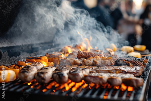 Close-up of various meats and vegetables grilling on a barbecue with flames and smoke rising, capturing a vibrant outdoor cookout scene.