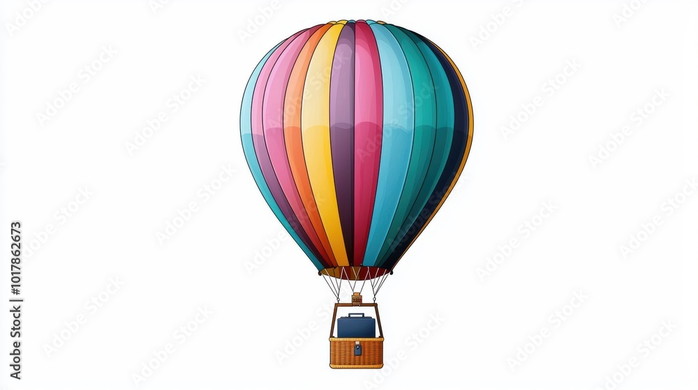 Obraz premium A hot air balloon with a briefcase in the basket, business journey and exploration, vector art, vibrant colors, isolated on white background., minimalist,