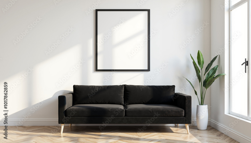 A contemporary living room with a large black framed mockup above a black velvet sofa. The room is decorated with a plant and a rug, creating a sophisticated and modern ambiance. A contemporary living room with a large black framed mockup above a black velvet sofa. The room is decorated with a plant and a rug, creating a sophisticated and modern ambiance.
