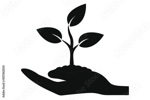 A sapling with three leaves in it,holding some soil in one hand,black silhouett I.eps