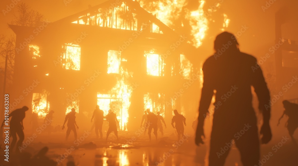 Fototapeta premium Apocalypse Survivor: Lone Hero Standing Amidst Zombies and Burning Building, Cinematic Lighting