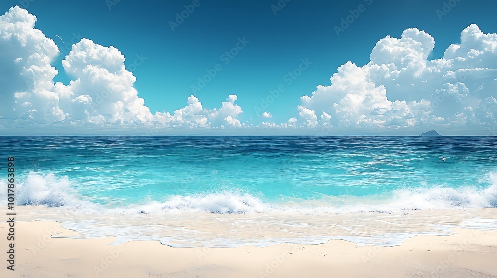 A picturesque view of a pristine beach with turquoise water and fluffy clouds in a clear blue sky. A picturesque view of a pristine beach with turquoise water and fluffy clouds in a clear blue sky.