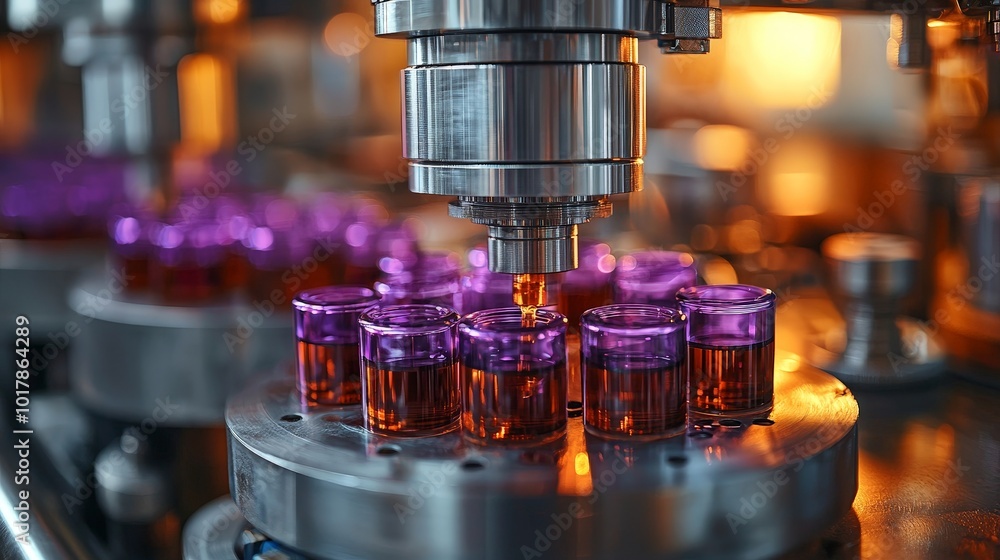 Industrial process of filling purple vials with liquid in a manufacturing setting. Industrial process of filling purple vials with liquid in a manufacturing setting.