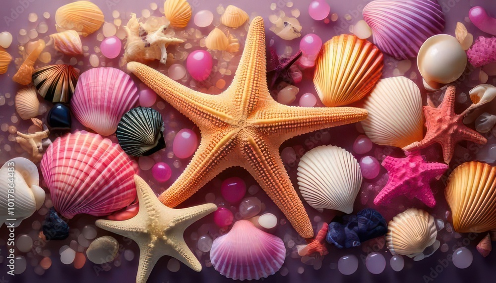Background made of many Colorful seashells starfish black and white pearls in shells isolate Background made of many Colorful seashells starfish black and white pearls in shells isolate