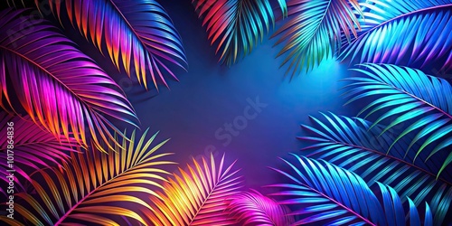 Abstract background of tropical palm leaves in neon colors