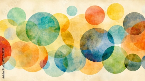 Many overlapping circles of varying shades of yellow, orange, red, blue, and green on a light beige background.