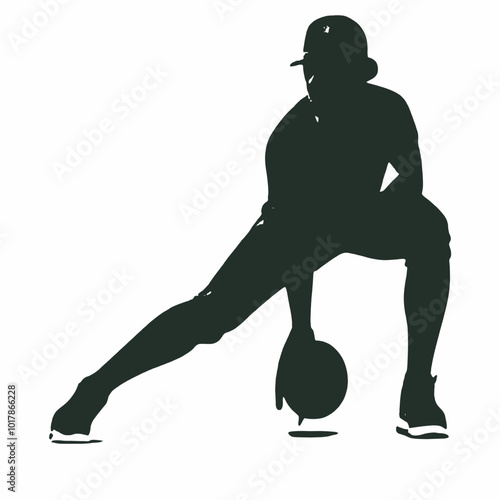 A baseball player in a batting stance, wearing a uniform and cap, with a silhouetted figure against a plain white background