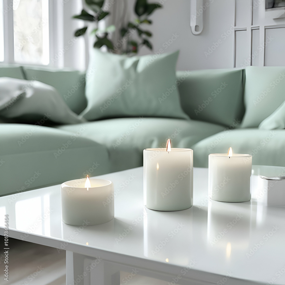 Close up of candles on white clean shine table near light green sofa. Scandinavian home interior design of shining modern living room Close up of candles on white clean shine table near light green sofa. Scandinavian home interior design of shining modern living room